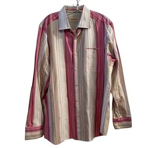 Tommy Bahama Striped Pink Tan Silk Cotton Button Down Shirt Long Sleeve Large